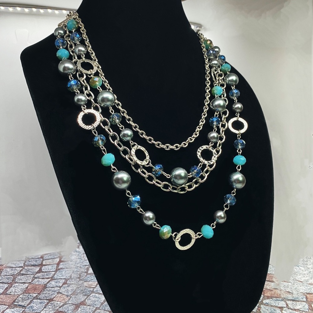 Multi Strand w/Faceted Silver/Blue & Aqua Beading - Picture 2 of 7